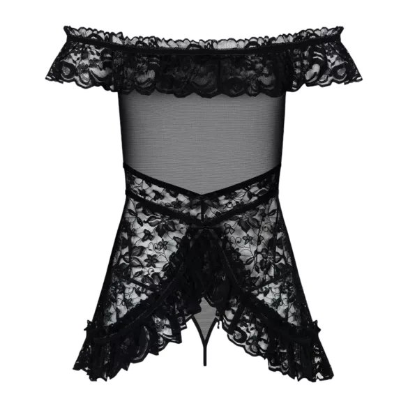Obsessive Flores - Black Ruffled Babydoll & Thong Set