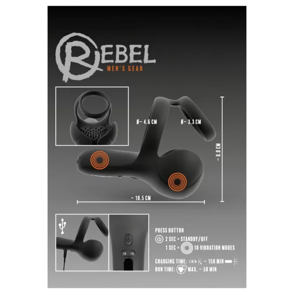 Rebel - vibrating testicle and perineum stimulator penis ring (black)