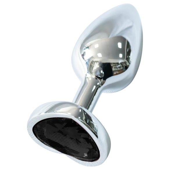 Sunfo - Heart-Shaped Silver Metal Anal Plug with Black Gem