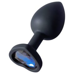   Sunfo - Black Silicone Heart-Shaped Anal Plug with Dark Blue Gem