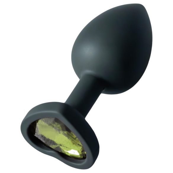 Sunfo - Black Silicone Heart Gem Anal Plug with Green Stone