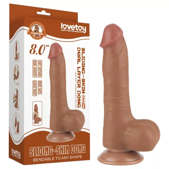 Lovetoy Sliding-Skin - Dual Layer Dildo with Scrotum - 8.2" (Dark Natural)