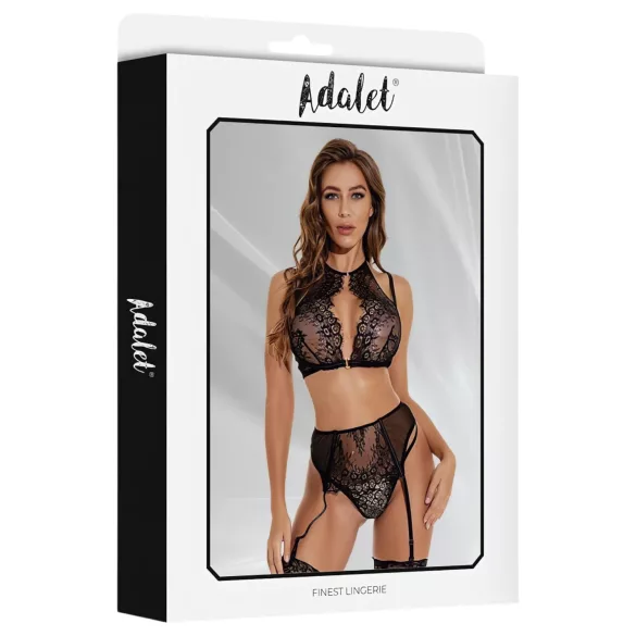 Adalet Evelyn - 3‑piece lace lingerie set (black) - L/XL