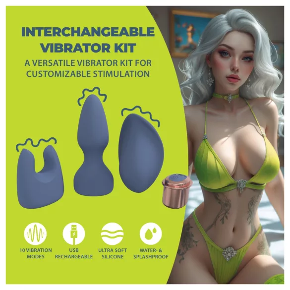 Loveline - interchangeable‑head vibrator set (blue‑grey)
