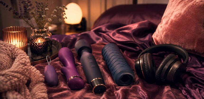 Quiet toys and headphones on purple satin create an intimate ASMR sex mood | Sex Shop Ireland Desirel.ie